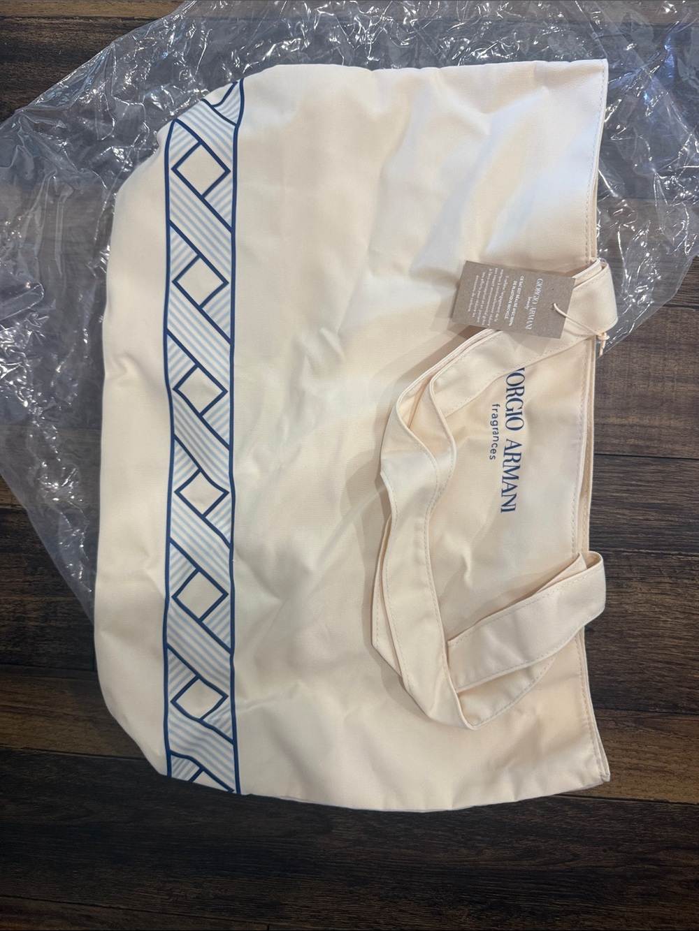 Giorgio Armani Cream Tote with Blue Geometric Trim